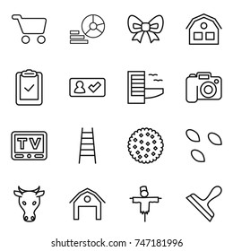 thin line icon set : cart, diagram, bow, house, clipboard check, in, hotel, camera, tv, stairs, cookies, seeds, cow, barn, scarecrow, scraper