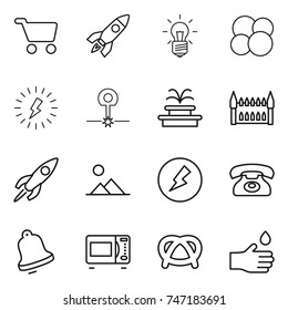 thin line icon set : cart, rocket, bulb, atom core, lightning, laser, fountain, gothic architecture, landscape, electricity, phone, bell, microwave oven, pretzel, hand drop