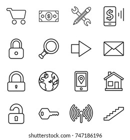 thin line icon set : cart, money, pencil wrench, mobile pay, lock, magnifier, right arrow, mail, globe, location, home, unlocked, key, wireless, stairs