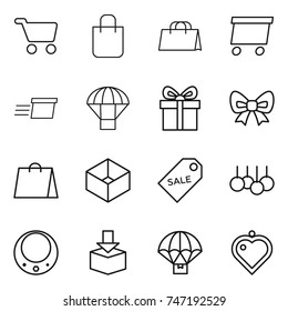 thin line icon set : cart, shopping bag, delivery, parachute, gift, bow, box, sale label, necklace, package, heart pendant