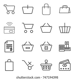 thin line icon set : cart, basket, shopping bag, tap to pay, account balance, remove from, delete, store, do not trolley sign, credit card