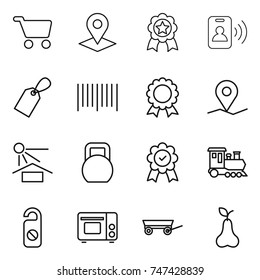 thin line icon set : cart, pointer, medal, pass card, label, bar code, geo pin, sun potection, heavy, train, do not distrub, grill oven, trailer, pear