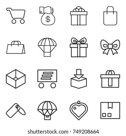 thin line icon set : cart, money gift, shopping bag, parachute, bow, box, delivery, package, hi quality, label, heart pendant