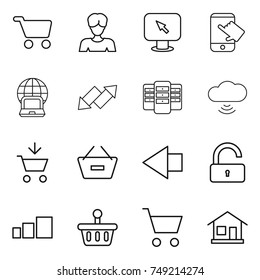 thin line icon set : cart, woman, monitor arrow, touch, notebook globe, up down, server, cloud wireless, add to, remove from basket, left, unlock, sorting, home