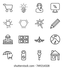 thin line icon set : cart, bulb, call center, monitor arrow, chip, hex molecule, bang, pencil, mansion, panel house, plane, earth, lounger, do not distrub, handle scales