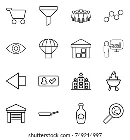 thin line icon set : cart, funnel, team, graph, eye, parachute, warehouse, presentation, left arrow, check in, hotel, bbq, garage, pan, ketchup, viruses