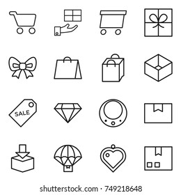 thin line icon set : cart, gift, delivery, bow, shopping bag, box, sale label, diamond, necklace, package, parachute, heart pendant