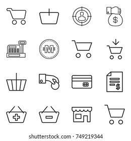 thin line icon set : cart, basket, target audience, money gift, cashbox, crypto currency, add to, hand coin, credit card, account balance, remove from, shop