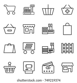 thin line icon set : cart, cashbox, basket, add to, remove from, shop, store, shopping bag, delivery, mall, pallet, atm, credit card