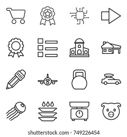 thin line icon set : cart, medal, chip, right arrow, list, mansion, house with garage, pencil, plane, heavy, car baggage, jellyfish, plate washing, kitchen scales, pig