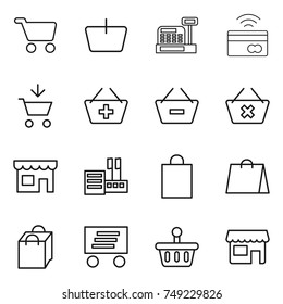 Thin Line Icon Set : Cart, Basket, Cashbox, Tap To Pay, Add, Remove From, Delete, Shop, Store, Shopping Bag, Delivery