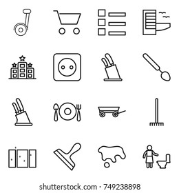 thin line icon set : cart, list, hotel, power socket, stands for knives, big spoon, knife holder, fork plate, trailer, rake, clean window, scraper, spot, toilet cleaning