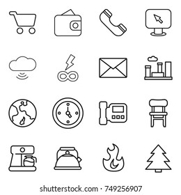 thin line icon set : cart, wallet, phone, monitor arrow, cloud wireless, infinity power, mail, city, earth, watch, intercome, chair, coffee maker, kettle, fire, spruce