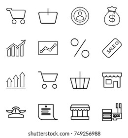 thin line icon set : cart, basket, target audience, money bag, diagram, statistics, percent, sale, graph up, shop, scales, shopping list, market, mall