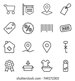 thin line icon set : cart, shop signboard, pointer, label, sale, percent, bar code, ticket, smart house, geo pin, do not hook sign, medal, package, handle washing, please clean
