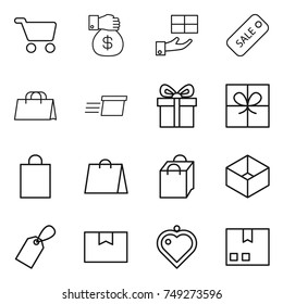 thin line icon set : cart, money gift, sale, shopping bag, delivery, box, label, package, heart pendant