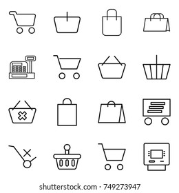 thin line icon set : cart, basket, shopping bag, cashbox, delete, delivery, do not trolley sign, atm