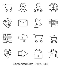 thin line icon set : cart, pointer, share, dollar, call, mail, satellite antenna, server, cloude service, add to, pin, right arrow, unlock, home