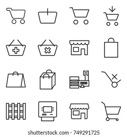 thin line icon set : cart, basket, add to, delete, shop, shopping bag, mall, do not trolley sign, pallet, atm