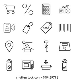 thin line icon set : cart, percent, calculator, bio, pass card, label, sale, bar code, geo pin, sun potection, do not hook sign, heavy, distrub, grill oven, package, please clean