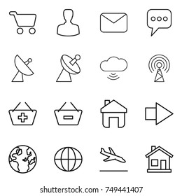 thin line icon set : cart, man, mail, message, satellite antenna, cloud wireless, add to basket, remove from, home, right arrow, globe, arrival