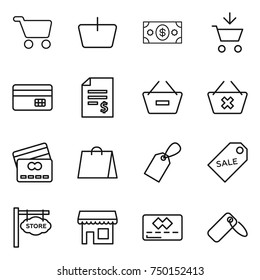 thin line icon set : cart, basket, money, add to, credit card, account balance, remove from, delete, shopping bag, label, sale, store signboard, shop