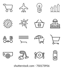 thin line icon set : cart, plane, bulb, graph up, sun power, bang, delete, mansion, route a to b, lounger, surveillance camera, vacuum cleaner, fork spoon plate, do not distrub