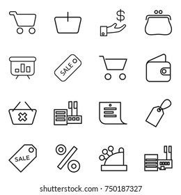 thin line icon set : cart, basket, investment, purse, presentation, sale, wallet, delete, store, shopping list, label, percent, cashbox, mall