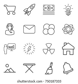 thin line icon set : cart, rocket, money, bulb, call center, mail, atom core, presentation, lightning, nuclear, home, landscape, iron board, broom, bell