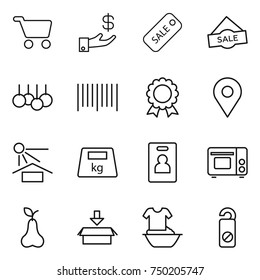 thin line icon set : cart, investment, sale, bar code, medal, geo pin, sun potection, heavy, identity card, grill oven, pear, package, handle washing, do not distrub
