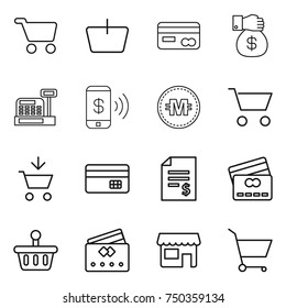 thin line icon set : cart, basket, card, money gift, cashbox, phone pay, crypto currency, add to, credit, account balance, shop