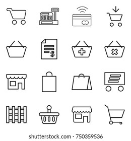 thin line icon set : cart, cashbox, tap to pay, add, basket, account balance, delete, shop, shopping bag, delivery, pallet