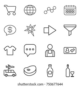 thin line icon set : cart, globe, graph, calendar, money message, bang, right arrow, funnel, t shirt, sms, workman, check in, transfer, steake, ketchup, wine