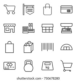 thin line icon set : cart, shop signboard, shopping bag, credit card, store, market, scales, bar code, hangare, heavy