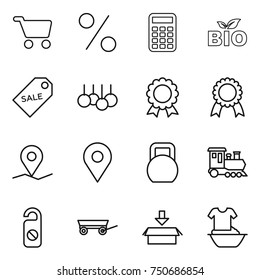 thin line icon set : cart, percent, calculator, bio, sale label, medal, geo pin, heavy, train, do not distrub, trailer, package, handle washing