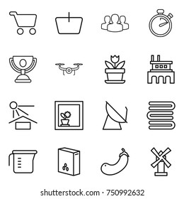 thin line icon set : cart, basket, group, stopwatch, trophy, drone, flower, factory, sun potection, in window, satellite antenna, towels, measuring cup, cereals, eggplant, windmill