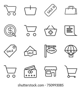 Thin Line Icon Set : Cart, Basket, Sale, Shopping Bag, Dollar Arrow, Add To, List, Label, Store Signboard, Parachute Delivery, Credit Card, Shop