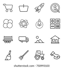 thin line icon set : cart, basket, rocket, dollar arrow, atom core, calculator, truck shipping, landscape, home, broom, fork, tractor, wiping