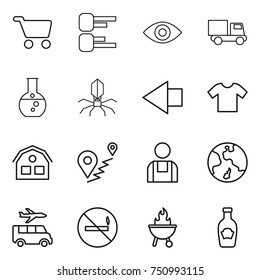 thin line icon set : cart, diagram, eye, truck, round flask, virus, left arrow, t shirt, house, route, workman, earth, transfer, no smoking, bbq, ketchup