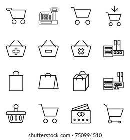 thin line icon set : cart, cashbox, add to, basket, remove from, delete, store, shopping bag, mall, credit card