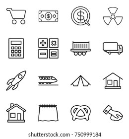 thin line icon set : cart, money, dollar arrow, nuclear, calculator, truck shipping, rocket, train, tent, home, curtain, pretzel, wiping