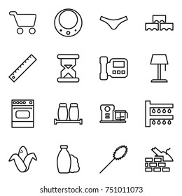 thin line icon set : cart, necklace, underpants, block wall, ruler, sand clock, intercome, floor lamp, oven, salt pepper, food processor, watering, corn, shampoo, duster, construct garbage