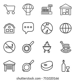 thin line icon set : cart, parachute, cashbox, warehouse, house, sms, earth, globe, no smoking, pan, bbq, rocking chair, garage, steak, wine