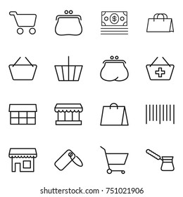 thin line icon set : cart, purse, money, shopping bag, basket, add to, market, bar code, shop, label, turk