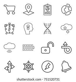 thin line icon set : cart, pointer, report, circle diagram, alarm clock, bulb head, dna, cloude service, cloud wireless, battery, unlock, trip, route, handwheel, electricity, bell