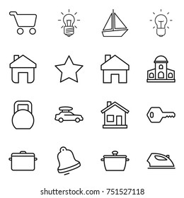 thin line icon set : cart, bulb, boat, home, star, mansion, heavy, car baggage, key, pan, bell, iron