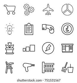 thin line icon set : cart, gear, plane, diagram, bulb, clipboard, hand coin, info, flower, sorting, electricity, wardrobe, Chair for babies, hair dryer, watering, bucket and broom