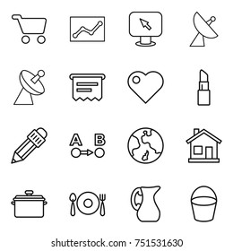 thin line icon set : cart, statistics, monitor arrow, satellite antenna, atm receipt, heart, lipstick, pencil, route a to b, earth, home, pan, fork spoon plate, jug, bucket