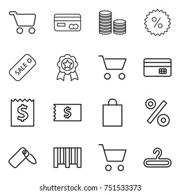 thin line icon set : cart, card, coin stack, percent, sale, medal, credit, receipt, shopping bag, label, bar code, hanger