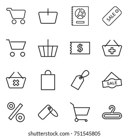 thin line icon set : cart, basket, annual report, sale, receipt, add to, delete, shopping bag, label, percent, hanger